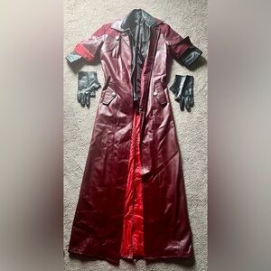 Women's Faux Leather Long Coat - Burgundy